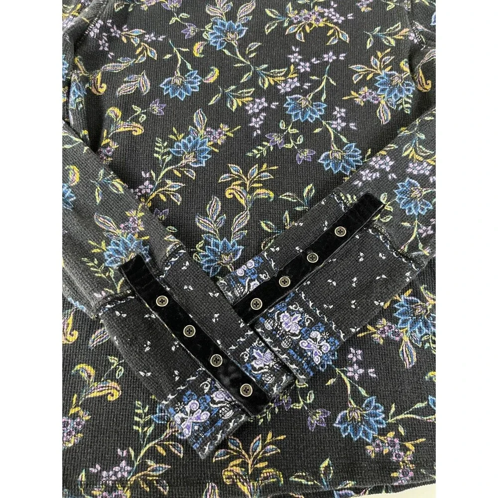Sundance Loretta Thermal Waffle Knit Tee Long Sleeve Black Wildflower Floral M - Picture 9 of 14